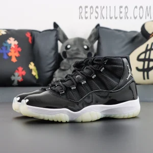 Air Jordan 11 Retro “Jubilee / 25th Anniversary” side view showing glossy black patent leather mudguard and white midsole.
