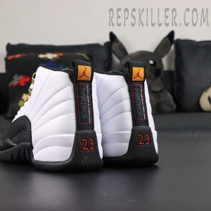 Rear view of Air Jordan 12 Retro “Taxi” 2025 showing “23” heel embroidery and pull tab design.