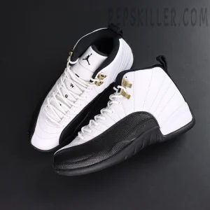 Overhead view of Air Jordan 12 “Taxi” 2025 pair showing white laces and gold eyelets.