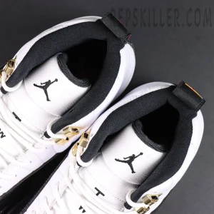 Close-up of Air Jordan 12 “Taxi” 2025 tongue area featuring black Jumpman embroidery.