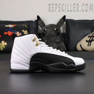 Side profile of Air Jordan 12 Retro “Taxi” 2025 highlighting premium tumbled leather texture.
