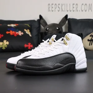 Angled side view of Air Jordan 12 “Taxi” 2025 showing white and black leather contrast.
