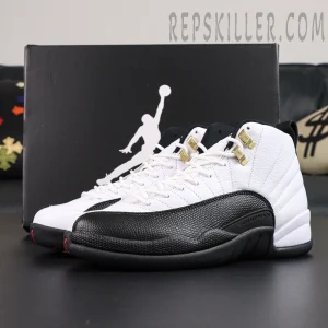 Air Jordan 12 Retro “Taxi” 2025 pair displayed in front of classic black Jumpman box.