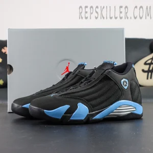 Air Jordan 14 “Black University Blue” side angle with gray box in background, showing aerodynamic design.