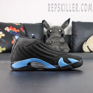 Lateral view of Air Jordan 14 “Black University Blue” showing smooth black upper and blue midsole detailing.