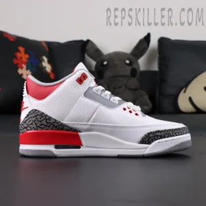 Lateral side profile of Air Jordan 3 Retro “Fire Red” 2022 emphasizing elephant print and red midsole.