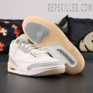 Air Jordan 3 Retro SE Craft “Ivory” outsole and side view showing translucent gum sole and ivory tumbled leather upper.