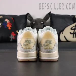Rear view of Air Jordan 3 “Ivory” showing aged translucent Nike Air heel tab and grey elephant print overlay.