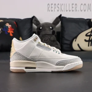 Side profile of Air Jordan 3 SE Craft “Ivory” with visible Air unit and grey suede elephant print.