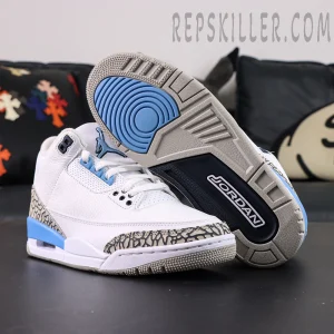 Outsole and side view of Air Jordan 3 Retro “UNC” showing Jordan branding and blue traction detail.