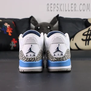 Rear view of Air Jordan 3 “UNC” showing Jumpman AIR logo and blue heel midsole accent.