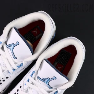 Top view of Air Jordan 3 “UNC” showing padded collar and embroidered blue Jumpman tongue logo.