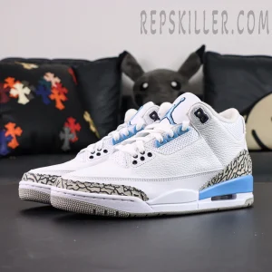 Angled front view of Air Jordan 3 Retro “UNC” showing combination of white, grey, and Carolina blue tones.