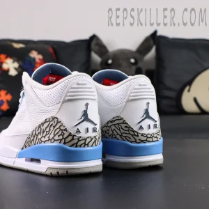 Rear angled view of Air Jordan 3 “UNC” showing dual heel Jumpman logos and textured panels.