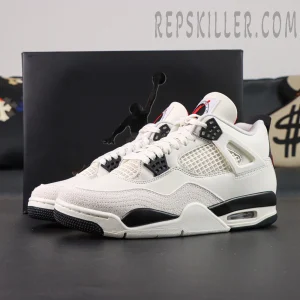 Air Jordan 4 Retro “Flight Club” with black Jumpman box in background, featuring white and black upper.