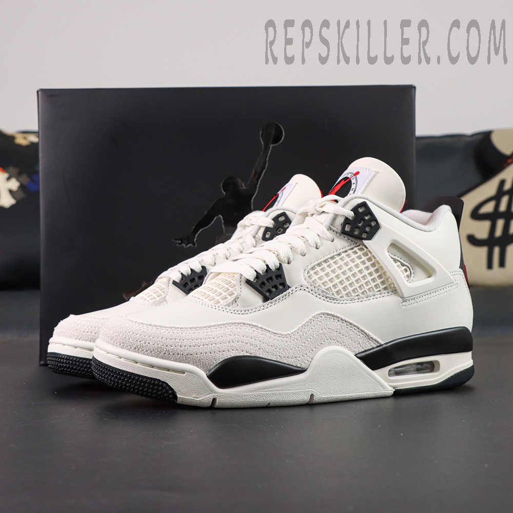 Air Jordan 4 Retro “Flight Club” with black Jumpman box in background, featuring white and black upper.