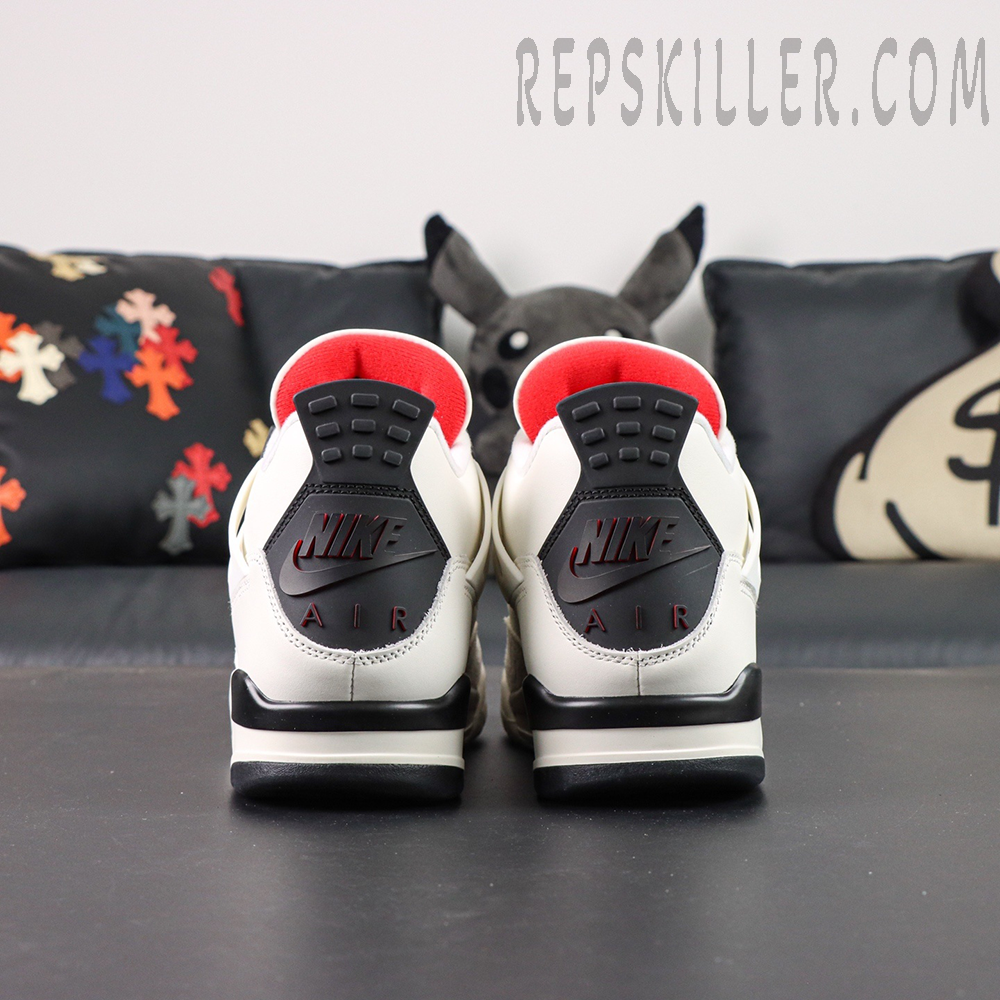 Back view of Air Jordan 4 Retro “Flight Club” highlighting Nike Air heel branding in black and red.