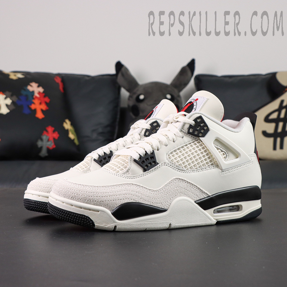 Side view of Air Jordan 4 Retro “Flight Club” showing cream leather upper and black midsole detailing.