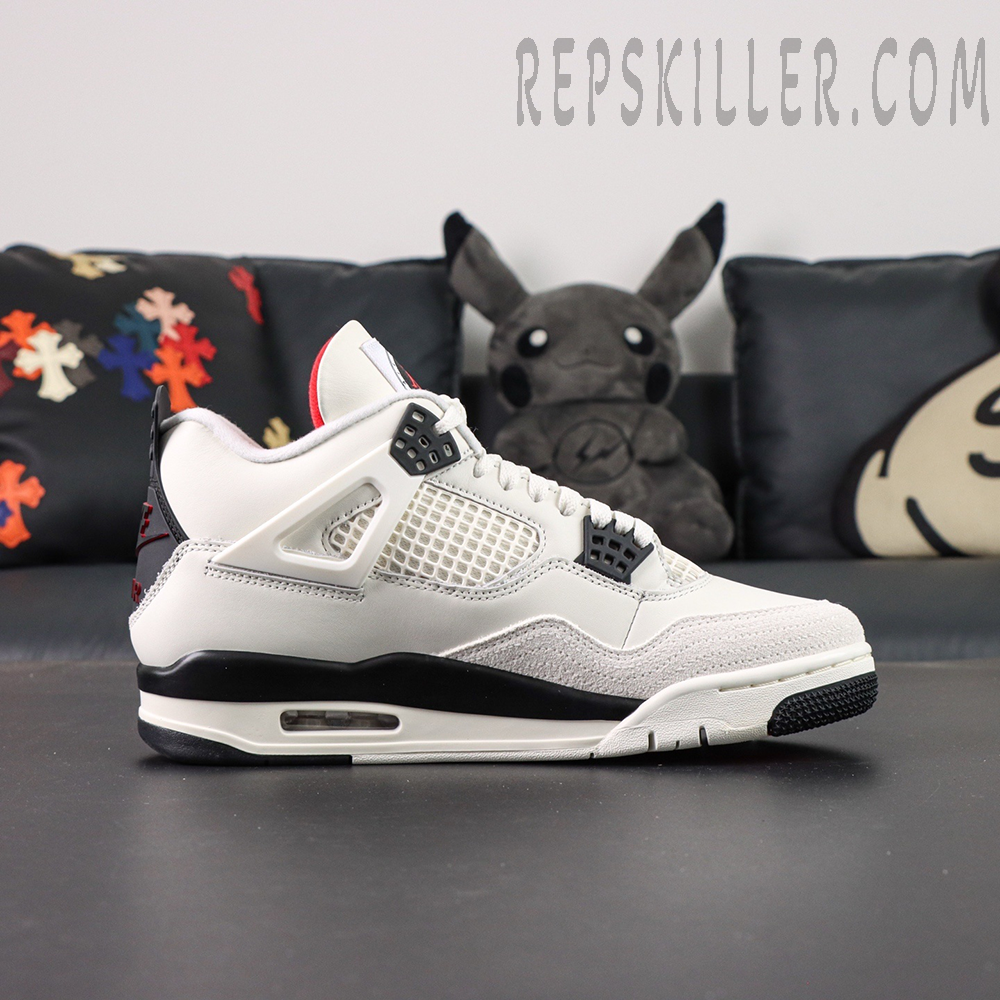 Lateral side profile of Air Jordan 4 Retro “Flight Club” showcasing signature netting and visible Air unit.