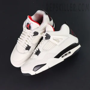 Pair shot of Air Jordan 4 Retro “Flight Club” highlighting white leather upper and black accents.