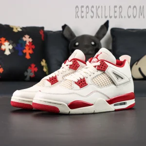 Side angle of Air Jordan 4 Retro “Sierra Red” highlighting cream leather upper and red midsole.