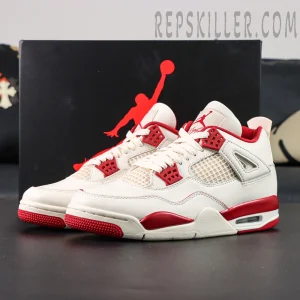 Air Jordan 4 Retro “Sierra Red” with black Jumpman box in background, featuring white and red color blocking.
