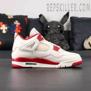 Lateral side view of Air Jordan 4 Retro “Sierra Red” showing netted panels and visible Air cushioning.