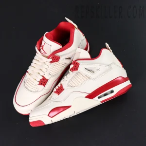 Top view of Air Jordan 4 Retro “Sierra Red” showcasing leather texture and red plastic lace wings.