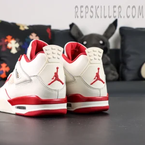 Back angle of Air Jordan 4 Retro “Sierra Red” highlighting red Jumpman heel logo and layered midsole.