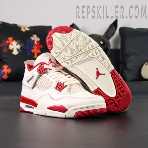 Bottom view of Air Jordan 4 Retro “Sierra Red” featuring red outsole with Jumpman traction logo.