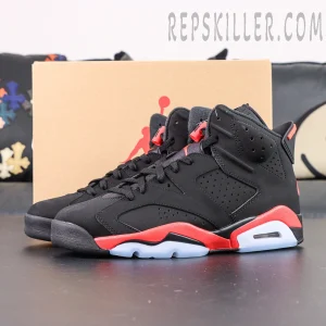 Air Jordan 6 Retro ‘Infrared’ 2019 — Pair view with box background, showcasing classic black and red contrast.