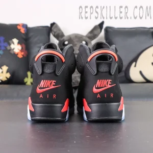 Air Jordan 6 Retro ‘Infrared’ 2019 — Back view of both shoes showing dual red Nike Air logos and pull tabs.
