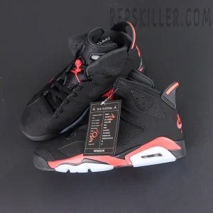 Air Jordan 6 Retro ‘Infrared’ 2019 — Overhead shot displaying tag detail and premium black upper.