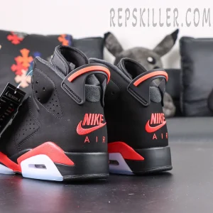 Air Jordan 6 Retro ‘Infrared’ 2019 — Heel view showing red Nike Air embroidery and spoiler-style pull tab.