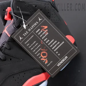 Air Jordan 6 Retro ‘Infrared’ 2019 — Product tag detail labeled “TAE HAPIMA” with model information.