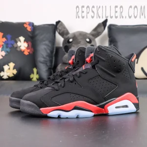 Air Jordan 6 Retro ‘Infrared’ 2019 — Full side view showing black nubuck upper and infrared midsole.