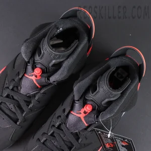 Air Jordan 6 Retro ‘Infrared’ 2019 — Top-down shot highlighting padded collar and red lace lock.