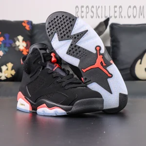 Jordan 6 “Reverse Infrared” Black / Light Crimson full display showing outsole with Jumpman logo and upper details.