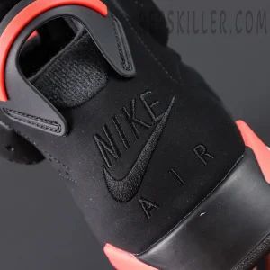 Jordan 6 “Reverse Infrared” Black / Light Crimson heel macro shot with embroidered Nike Air branding.