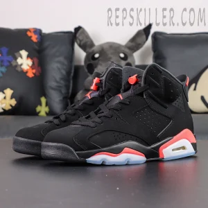 Jordan 6 “Reverse Infrared” Black / Light Crimson full pair side view showing clean silhouette and red accent design.
