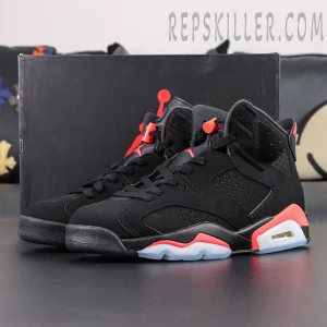 Air Jordan 6 “Reverse Infrared” — Full side view showing black nubuck upper with Light Crimson accents and icy outsole.