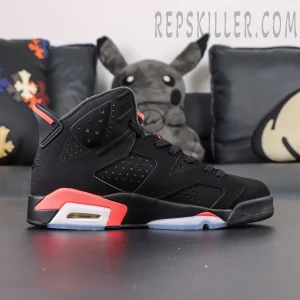 Air Jordan 6 “Reverse Infrared” — Lateral profile view highlighting sleek black panels and visible Air unit.