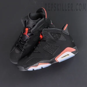 Air Jordan 6 “Reverse Infrared” — Overhead shot of both shoes showing symmetry and crisp detailing.