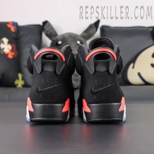 Air Jordan 6 “Reverse Infrared” — Dual heel view showing black-on-black Nike Air embroidery.