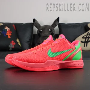 Kobe 6 Protro WNBA All-Star PE pair display with vivid red and green color scheme