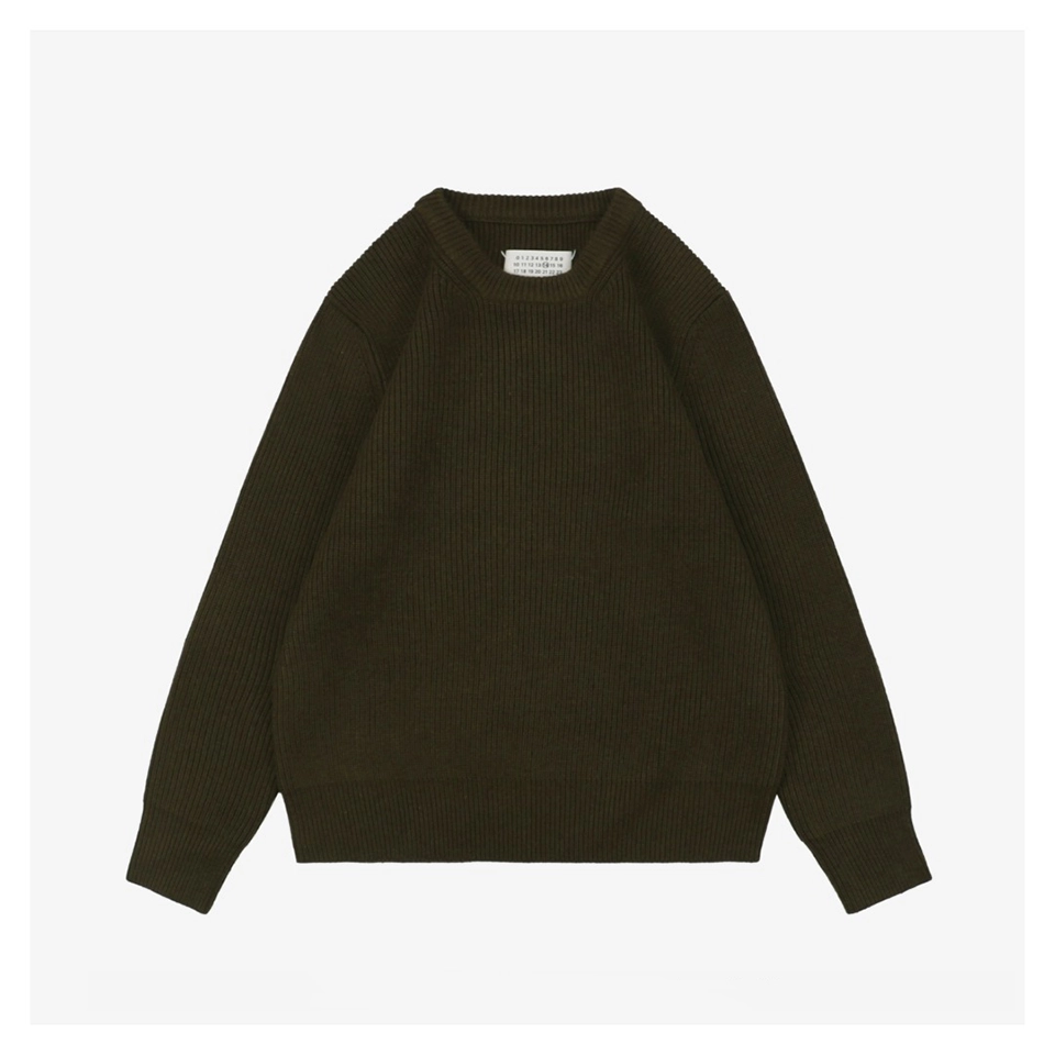 Maison Margiela Four-Stitches Solid Knit Crewneck Sweater Olive