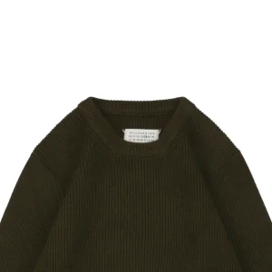 Maison Margiela Four-Stitches Solid Knit Crewneck Sweater Olive