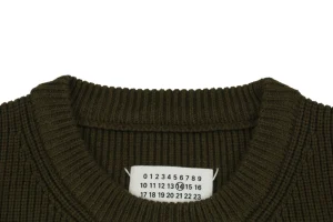 Maison Margiela Four-Stitches Solid Knit Crewneck Sweater Olive Collar