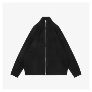 Maison Margiela N°54 Heavyweight Ribbed Zip-Up Cardigan with Signature Four-Stitches Black Front view