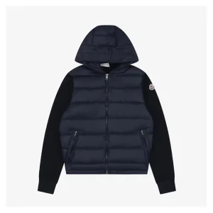 Mxxcler Knit-Sleeve Mixed Media Down Hoodie Jacket Navy Front view